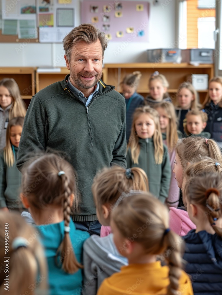 Poster A man is talking to a group of children. AI.