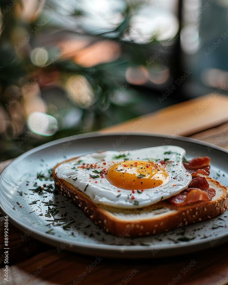 Poster scrumptious breakfast of bacon and egg on toast. ai.