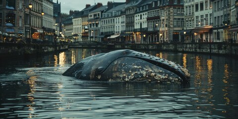 A whale swims in a narrow canal between buildings. AI.