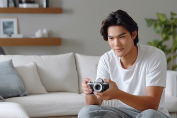 A young man is holding a camera. AI.