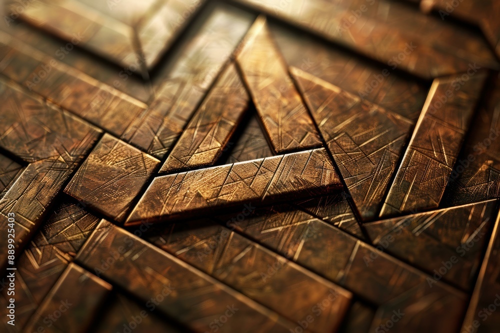 Fototapete Abstract 3D rendering of bronze triangular tiles. AI.