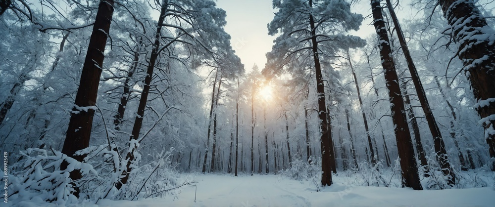 Poster snow covered trees wide angle view background for banner with copy space