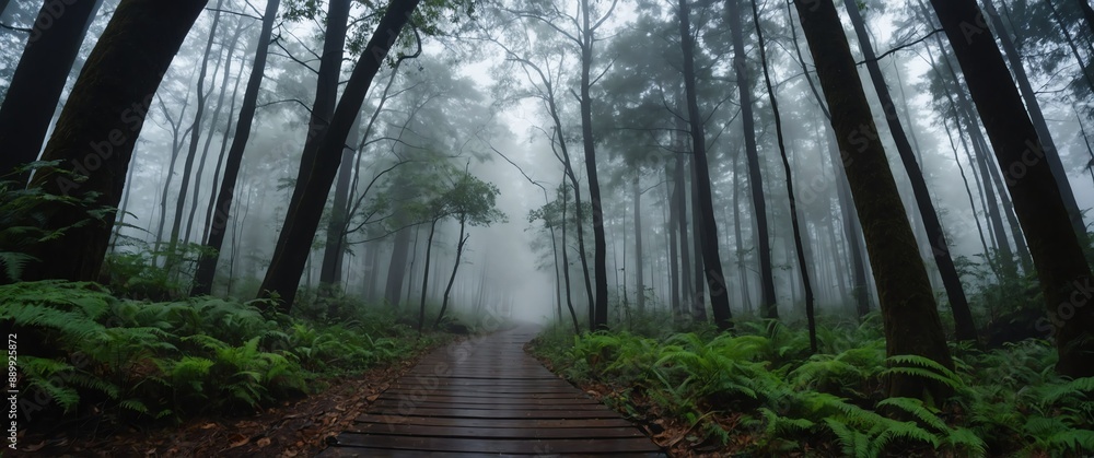 Poster foggy forest with walkway path wide angle view background for banner with copy space