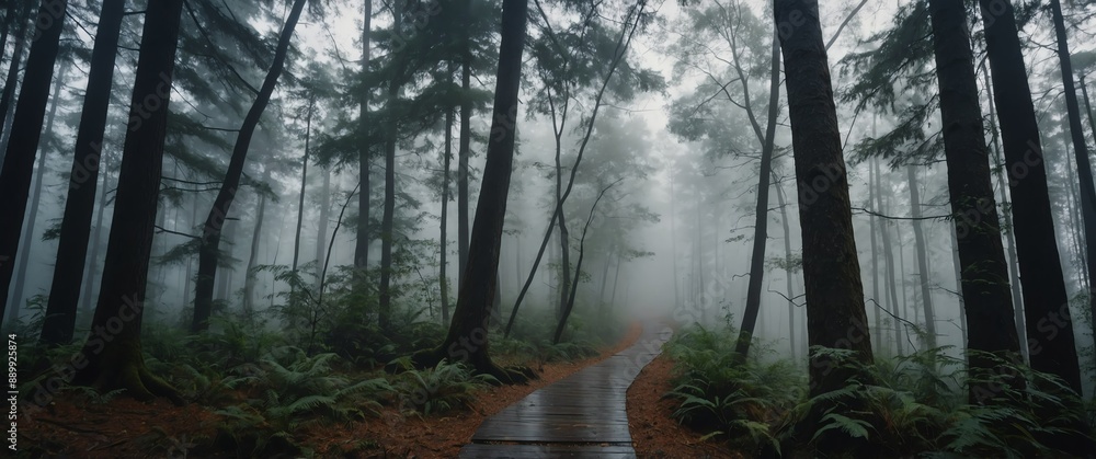 Poster foggy forest with walkway path wide angle view background for banner with copy space