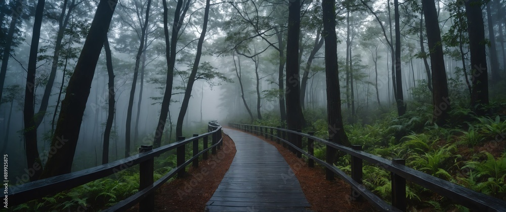 Poster foggy forest with walkway path wide angle view background for banner with copy space