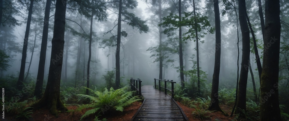 Poster foggy forest with walkway path wide angle view background for banner with copy space