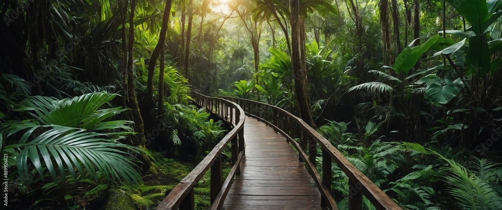 Poster jungle forest with walkway path wide angle view background for banner with copy space