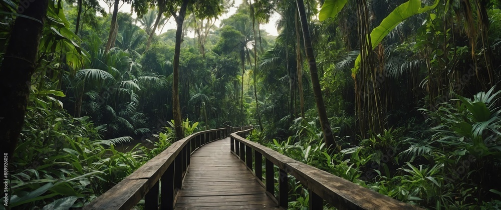 Poster jungle forest with walkway path wide angle view background for banner with copy space