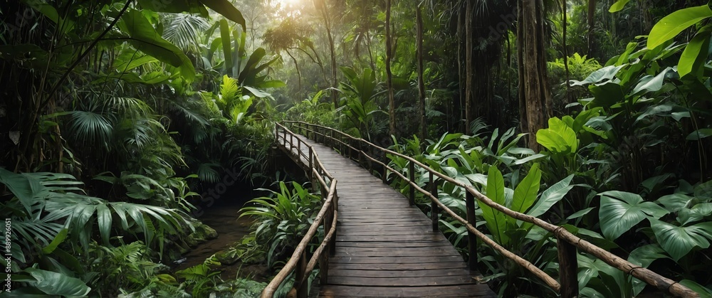 Poster jungle forest with walkway path wide angle view background for banner with copy space