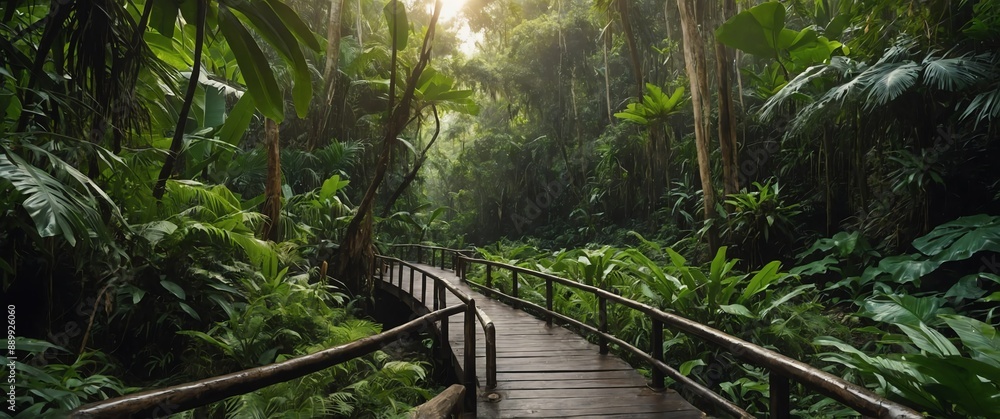 Poster jungle forest with walkway path wide angle view background for banner with copy space