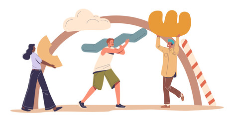 Team Of Characters Engaged In Collaborative Exercise Holding Large Geometric Shapes. Scene Depicts Teamwork, Creativity