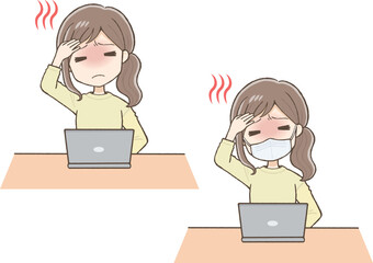 Woman in a Yellow Outfit in Front of a Computer, Having a Fever, With and Without Mask