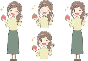 Woman in a Yellow Outfit Holding a Red Coin Purse and Making an OK Sign