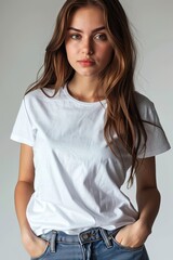 Fototapeta premium White tshirt mockup on woman model created with Generative AI
