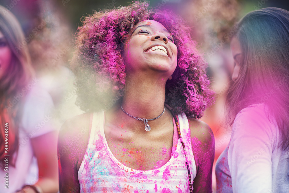 Sticker Chasing the rainbow. Shot of happy friends having fun with powder paint.