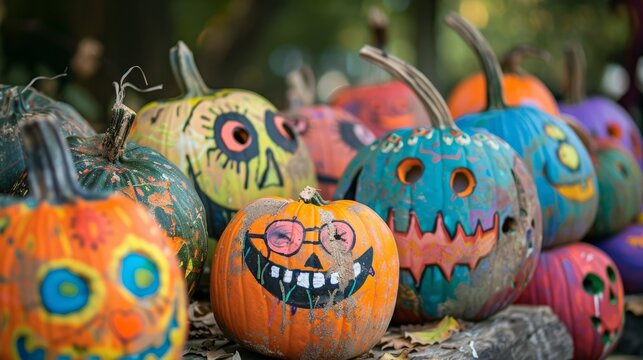 Background for Halloween Day and Pumpkin Day. Painted and decorated colorful Halloween pumpkins with faces outside