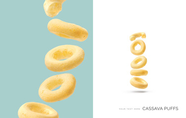 Creative layout made of cassava puffs on the white and blue background. Food concept. Macro concept.
