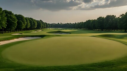 Naklejka premium Beautiful green golf course with trees lining the fairway and a blue sky with fluffy white clouds.
