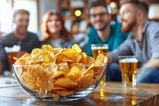 Bowl of potato chips with friends drinking beer.