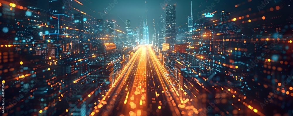 Poster global data flows in a futuristic tech city visualized as streaks of illuminated light at night