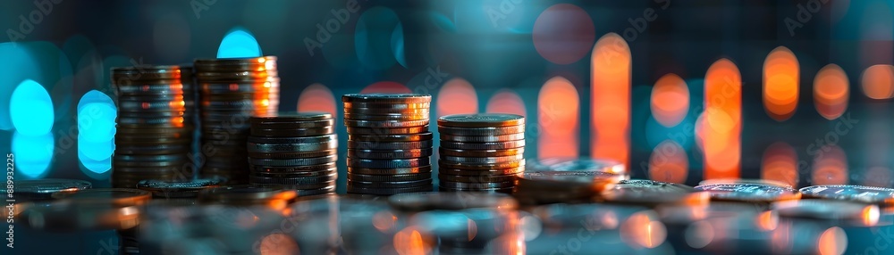 Poster stacked coins with glowing bar graph backdrop reflecting financial growth and development