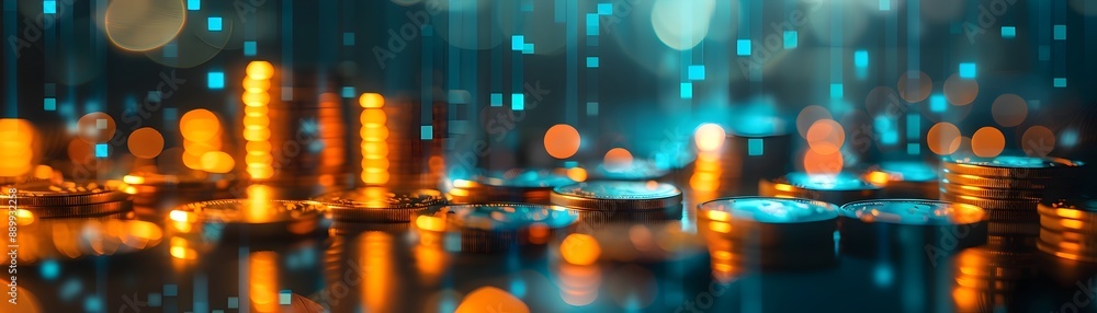 Poster glowing financial tableau with stacked coins and bar graph backdrop reflecting business development