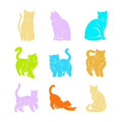 Cute Cats with Different Poses Expressions and Emotions Silhouette Vector Illustration