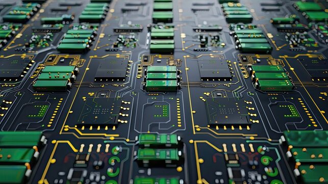 Minimalist Technology Concept: Rows of Green and Gold Circuit Boards with Small Black Chips 