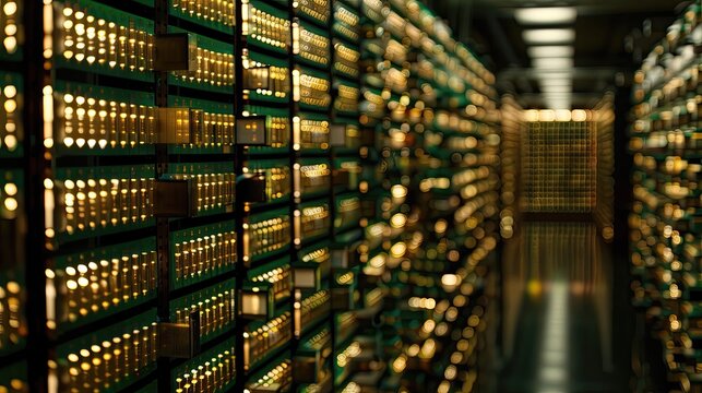 Minimalist Technology Concept: Rows of Green and Gold Circuit Boards with Small Black Chips 