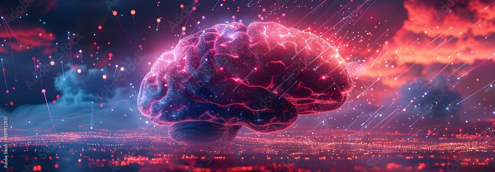 Poster digital brain formed by neon data streams futuristic intelligence concept