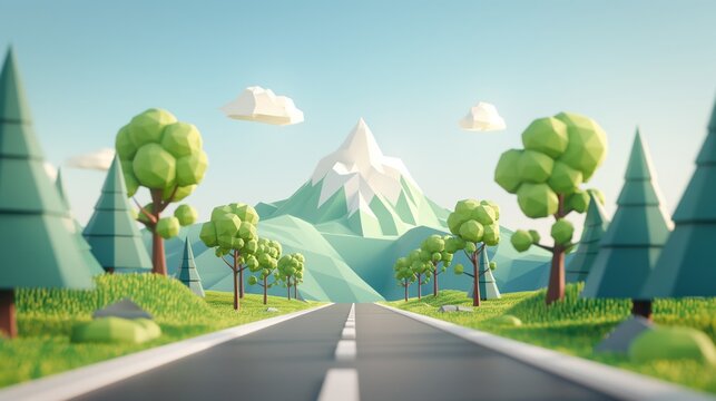 Low poly mountain road with green trees and white clouds on a sunny day, 3D illustration.