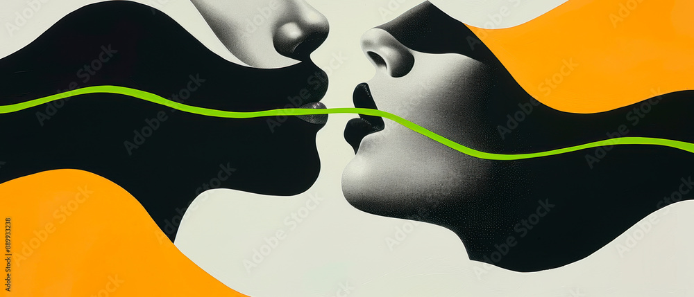 Wall mural Abstract background, love and passion, two abstract faces about to kiss, with a thin green line connecting their mouths. Contrasting black, white, and orange shapes. Generative AI