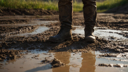 man walking on a mud road