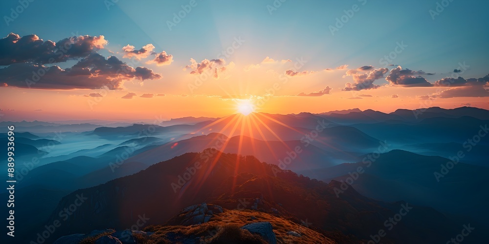 Poster Captivating Sunrise From Majestic Mountain Peak Embracing New Beginnings