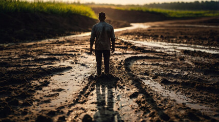 man walking on a mud road