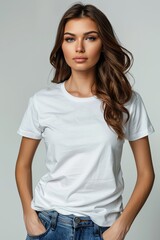 Obraz premium White tshirt mockup on woman model created with Generative AI