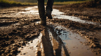 man walking on a mud road