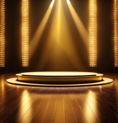 Golden podium with light and particles. Stage with gold spotlight on stage. Empty space