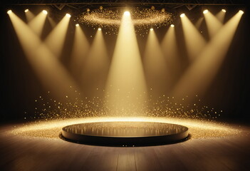 Golden podium with light and particles. Stage with gold spotlight on stage. Empty space