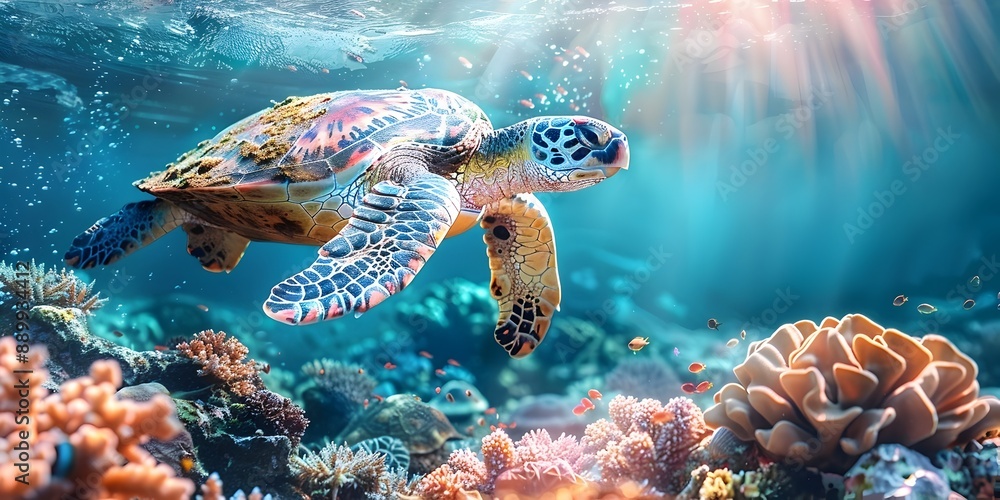 Wall mural Graceful Sea Turtle Gliding Over Vibrant Coral Reef in Serene Ocean Underwater Scene