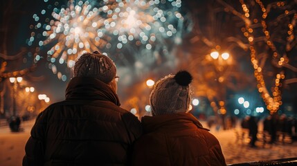 Fototapeta premium ** Seniors Enjoying Winter Fireworks Display in Crowded City Park at Night