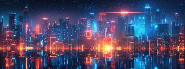 Obraz premium Futuristic Neon Skyline at Night with Reflections on Water - Vibrant Cyberpunk Cityscape