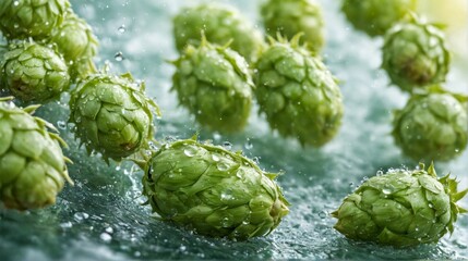 Fototapeta premium close-up group green hops water droplets splashing around