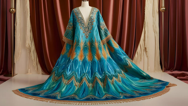 A luxurious kaftan with a unique print and a flowing beautiful silhouette, on a mannequin.