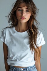 Fototapeta premium White tshirt mockup on woman model created with Generative AI