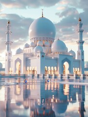 Majestic white mosque reflections in serene water at twilight bustling with architectural magnificence flanked by minarets against a backdrop of soft, cloud-filled sky