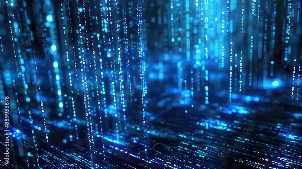 Poster abstract digital realm with glowing blue code streams against dark background