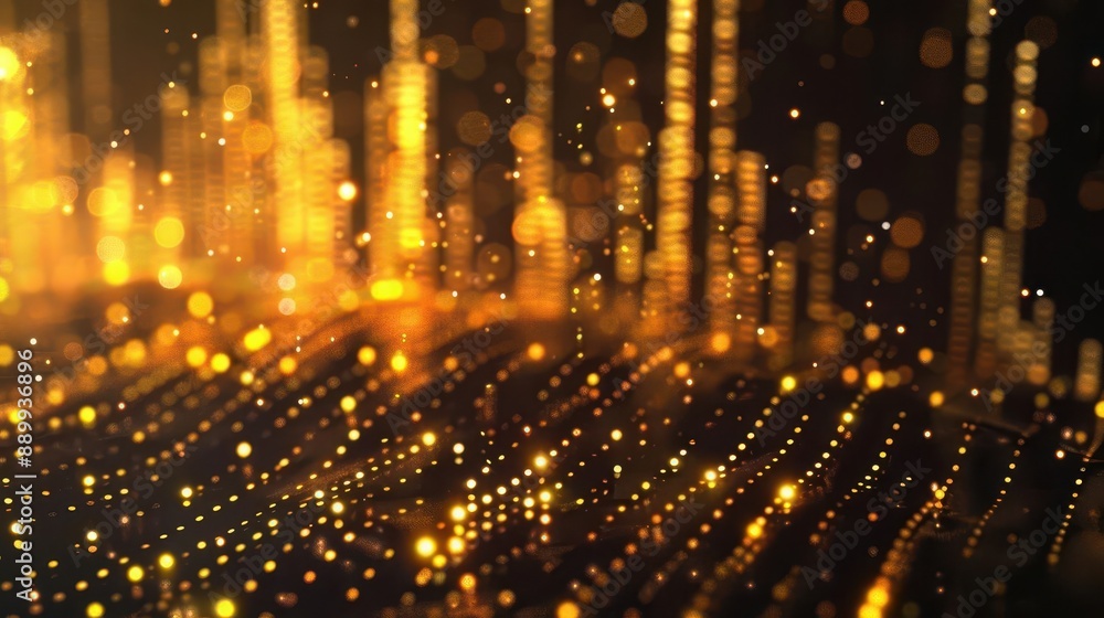 Poster abstract golden finance concept 3d chart showing exponential growth shimmering particles forming cur