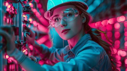 Obraz premium Woman in hard hat works with electrical equipment in neon-lit environment.