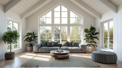 Fototapeta premium Modern living room with large windows, a gray sofa, a coffee table, and plants. The room is filled with natural light.